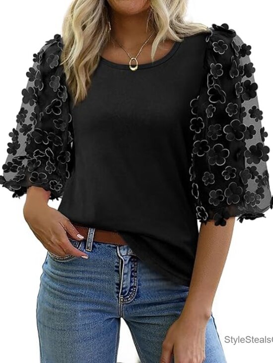 Tops - Cotton Blend 3/4 Puff Sleeve Crew Neck Blouse with Mesh Appliques